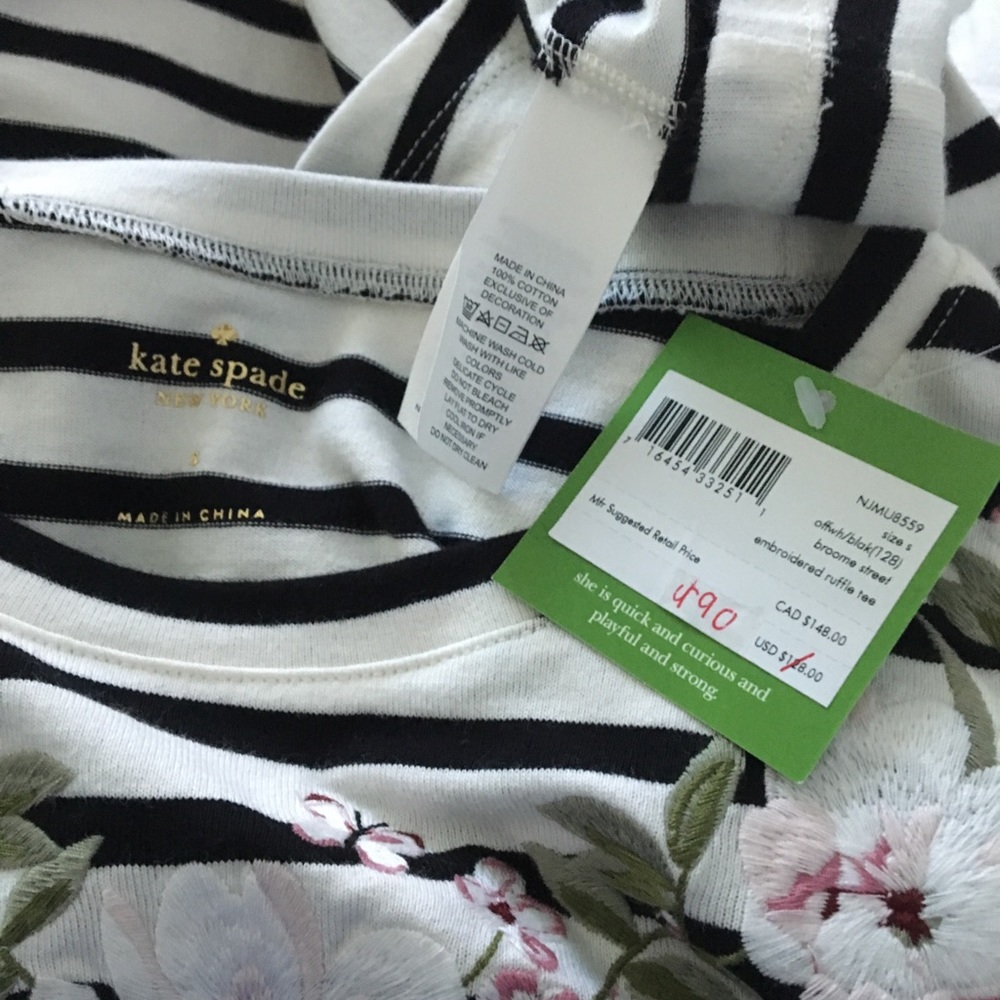 Kate Spade ♠️ Embroidered Floral Stripe Ruffle Tee - Picture 7 of 7